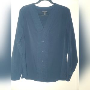 Navy pleat front long sleeved blouse